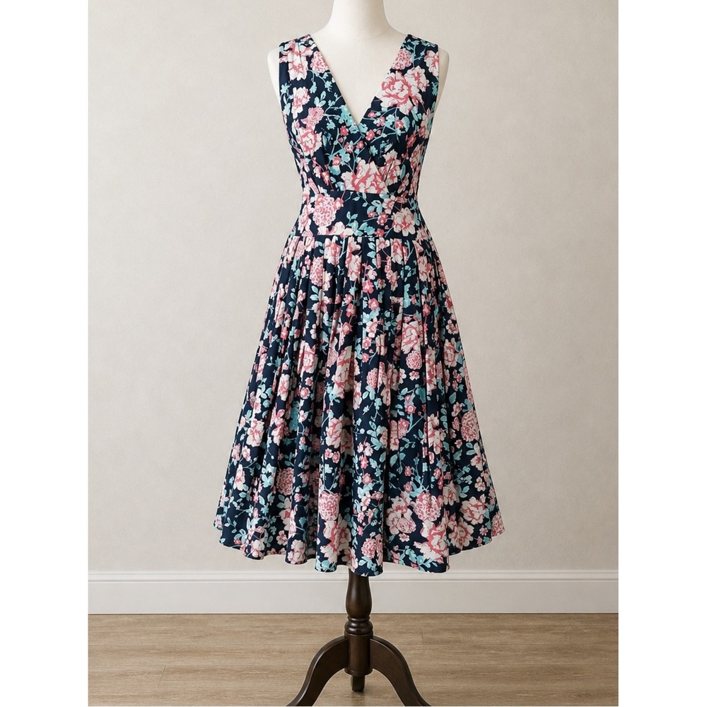 DIVA DOLLZ Fit & Flare Floral Cotton Dress M Retro Pinup Cottagecore Boho Navy